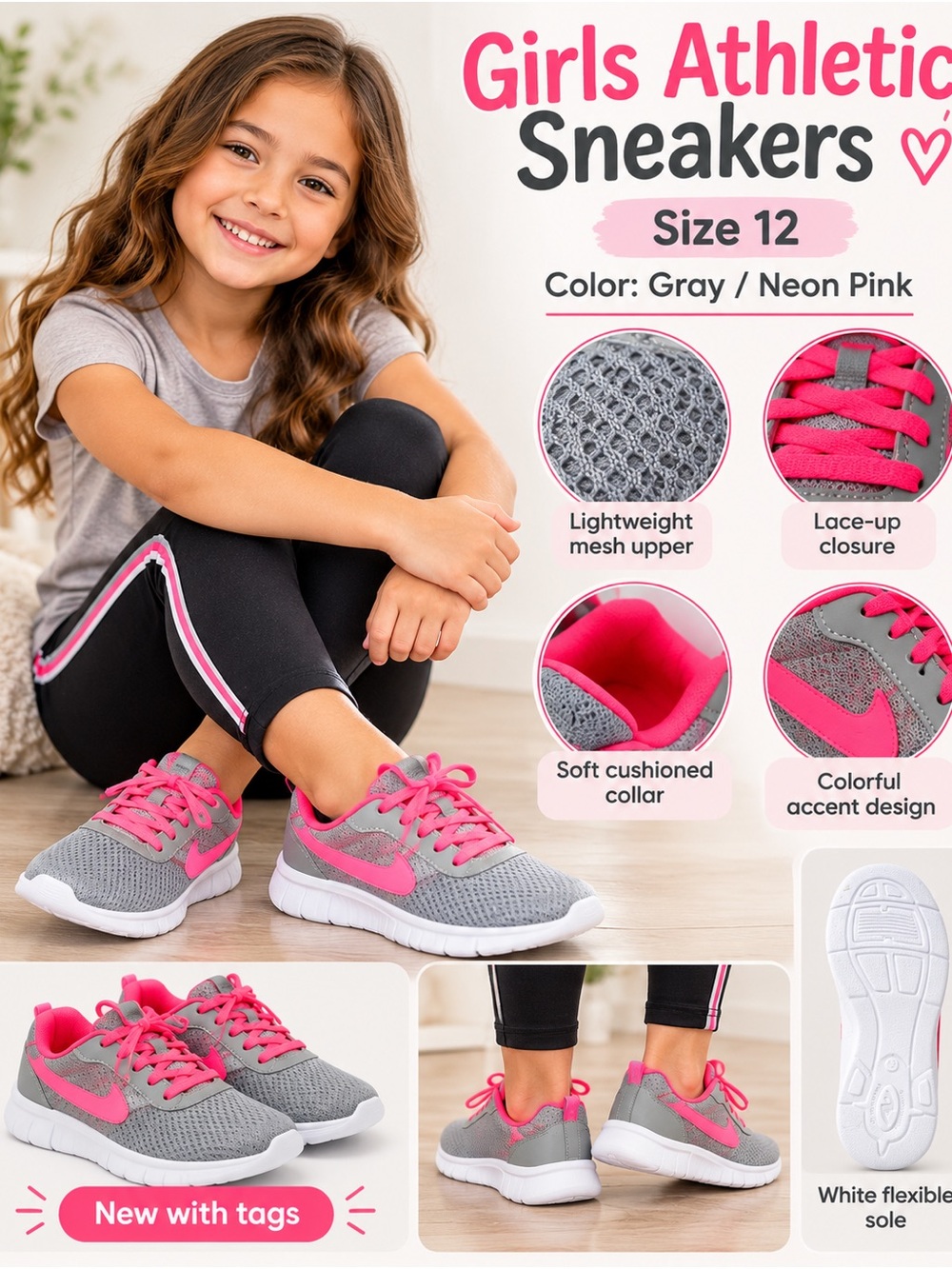 Girls Athletic Sneakers Gray & Neon Pink - Kids Active Shoes